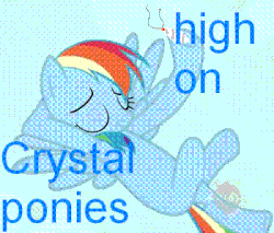 Size: 400x340 | Tagged: safe, rainbow dash, crystal pony, pony, g4, drugs, gif, image macro, meme, non-animated gif, random