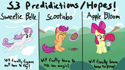 Size: 1200x675 | Tagged: safe, artist:arrkhal, apple bloom, scootaloo, sweetie belle, earth pony, pegasus, pony, unicorn, g4, chlorokynesis, cutie mark crusaders, earth pony magic, flying, implied pooping, levitation, predictions, role reversal, terrakinesis, trio, wat