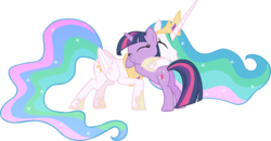 Size: 6483x3379 | Tagged: safe, artist:astringe, princess celestia, twilight sparkle, alicorn, pony, unicorn, g4, crown, cute, duo, duo female, eyes closed, female, hoof shoes, hug, jewelry, momlestia, regalia, simple background, smiling, transparent background, unicorn twilight, vector