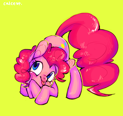 Size: 1177x1117 | Tagged: dead source, safe, artist:dogrot, pinkie pie, earth pony, pony, g4, :p, cute, diapinkes, face down ass up, female, mare, simple background, solo, tongue out, yellow background
