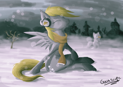 Size: 1024x726 | Tagged: safe, artist:gaiascope, derpy hooves, pegasus, pony, g4, clothes, female, mare, scarf, snow, snowfall