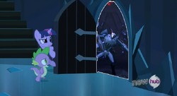 Size: 1069x581 | Tagged: safe, spike, twilight sparkle, g4, my little pony: friendship is magic, the crystal empire, exploitable meme, hub logo, meme, starscream, starscream's dance, the scary door, transformers