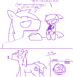 Size: 800x847 | Tagged: safe, artist:weaver, big macintosh, twilight sparkle, earth pony, pony, g4, comic, doll, gif, male, monochrome, non-animated gif, pony dolls, simple background, stallion, washing machine, white background