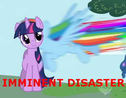 Size: 350x273 | Tagged: safe, edit, edited screencap, screencap, rainbow dash, twilight sparkle, friendship is magic, g4, crash, danger, disaster, image macro, imminent pain, oblivious, oblivious twilight is oblivious, rainbow crash, this will end in pain and/or death