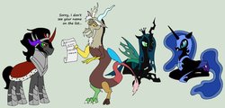 Size: 800x384 | Tagged: source needed, useless source url, safe, artist:azdaracylius, discord, king sombra, nightmare moon, queen chrysalis, trixie, alicorn, changeling, changeling queen, draconequus, pony, unicorn, g4, antagonist, female, group, list, lying down, male, quartet, simple background, stallion