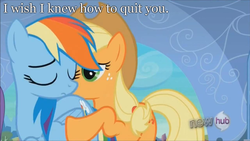 Size: 1280x721 | Tagged: safe, edit, edited screencap, screencap, applejack, rainbow dash, g4, the crystal empire, brokeback mountain, caption, female, hub logo, lesbian, ship:appledash, shipping