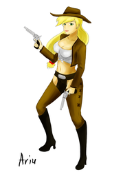 Size: 1000x1400 | Tagged: safe, artist:kprovido, applejack, human, g4, breasts, busty applejack, cleavage, crossover, dual wield, gun, humanized, league of legends, miss fortune (league of legends), no trigger discipline, revolver, solo, weapon
