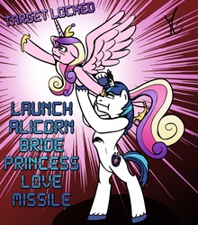 Size: 1762x2000 | Tagged: safe, artist:senselesssquirrel, princess cadance, shining armor, g4, the crystal empire, epic wife tossing, fastball special, horn, horn crystals, missile launcher