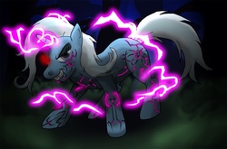 Size: 1000x661 | Tagged: safe, artist:unoservix, trixie, pony, unicorn, g4, corrupted, electricity, evil trixie, female, glowing eyes, mare, solo