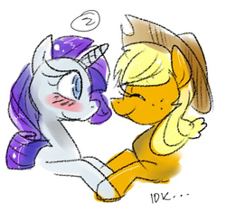 Size: 508x476 | Tagged: safe, artist:shufflestripes, applejack, rarity, g4, blushing, female, lesbian, ship:rarijack, shipping