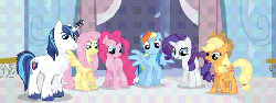 Size: 463x175 | Tagged: safe, screencap, applejack, fluttershy, pinkie pie, rainbow dash, rarity, shining armor, crystal pony, earth pony, pegasus, pony, unicorn, g4, season 3, the crystal empire, animated, crystal applejack, crystal fluttershy, crystal pinkie pie, crystal rainbow dash, crystal rarity, crystallized, female, frown, gif, grin, male, mare, open mouth, raised eyebrow, raised hoof, raised leg, smiling, spread wings, stallion, wide eyes, wings