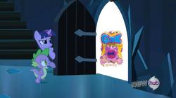 Size: 853x478 | Tagged: safe, spike, twilight sparkle, g4, my little pony: friendship is magic, the crystal empire, exploitable meme, gak, hub logo, meme, nickelodeon, the scary door