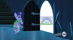 Size: 848x474 | Tagged: safe, spike, twilight sparkle, g4, my little pony: friendship is magic, the crystal empire, exploitable meme, meme, mlp arena, pony arena, the scary door