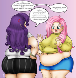 Size: 4842x4984 | Tagged: safe, artist:thepervertwithin, fluttershy, rarity, human, g4, absurd resolution, anime, bbw, belly, belly button, big belly, clothes, cute, fat, fattershy, humanized, large butt, muffin top, obese, raritubby, skirt, sweater, sweatershy, tight, wide hips