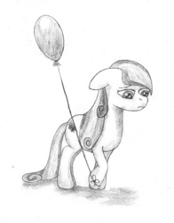 Size: 727x925 | Tagged: safe, artist:blazang, sapphire joy, crystal pony, pony, g4, balloon, monochrome, sad, traditional art