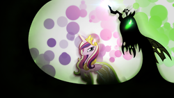 Size: 1920x1080 | Tagged: dead source, safe, artist:kibbiethegreat, artist:phantombadger, queen chrysalis, alicorn, changeling, changeling queen, pony, g4, disguise, disguised changeling, fake cadance, female