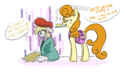 Size: 1200x700 | Tagged: safe, artist:xieril, carrot top, derpy hooves, golden harvest, pegasus, pony, g4, backwards thermometer, female, first aid, food, green face, ice pack, mare, sick, soup, thermometer