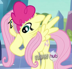 Size: 628x601 | Tagged: safe, screencap, fluttershy, pinkie pie, earth pony, pony, g4, the crystal empire, clothes, costume, cropped, disguise, female, hub logo, jesus christ how horrifying, logo, mare, offscreen character, ponysuit, solo focus, the hub, undressing