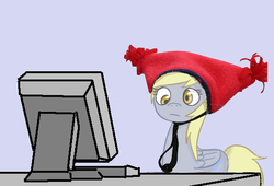 Size: 550x375 | Tagged: safe, artist:xieril, derpy hooves, pegasus, pony, g4, computer, female, hat, mare, reaction image, silly hat, solo