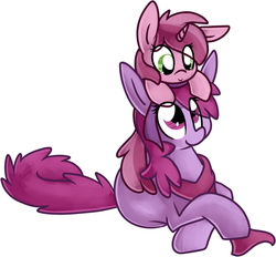 Size: 670x622 | Tagged: safe, artist:littlepinkalpaca, berry punch, berryshine, ruby pinch, earth pony, pony, unicorn, g4, duo, duo female, female, filly, like mother like daughter, like parent like child, mare, mother and child, mother and daughter, prone, simple background, white background