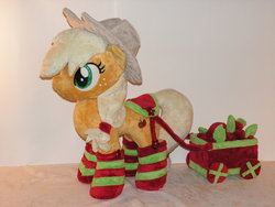 Size: 900x675 | Tagged: safe, artist:karasunezumi, applejack, earth pony, pony, g4, apple, clothes, irl, photo, plushie, socks, solo, striped socks, wagon