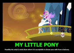 Size: 1380x1000 | Tagged: safe, edit, edited screencap, screencap, princess cadance, shining armor, g4, season 3, the crystal empire, all new, bipedal, demotivational poster, epic wife tossing, horn, horn crystals, hub logo, meme, text