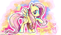 Size: 900x514 | Tagged: safe, artist:wakeysno1fan, fluttershy, pegasus, pony, g4, color porn, female, looking at you, mare, name, profile, raised hoof, smiling, solo, spread wings, standing, wings