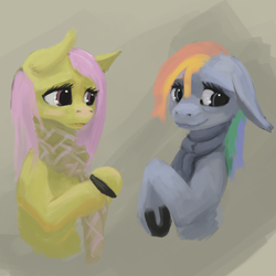 Size: 1110x1110 | Tagged: safe, artist:erijt, fluttershy, rainbow dash, g4, clothes, horseshoes, scarf, tumblr