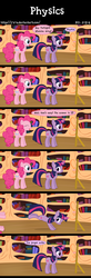 Size: 1300x3965 | Tagged: safe, artist:j-z-a, pinkie pie, twilight sparkle, earth pony, pony, unicorn, g4, bucking, comic, female, golden oaks library, horn, magic, mare, science, unicorn twilight