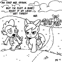 Size: 945x945 | Tagged: source needed, safe, artist:megasweet, apple bloom, spike, dragon, earth pony, pony, g4, accent, bag, black and white, dialogue, duo, female, filly, foal, frown, grayscale, lineart, male, monochrome, path, ponyville, saddle bag, simple background, walking, white background, windmill
