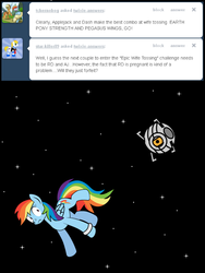 Size: 600x800 | Tagged: safe, artist:dekomaru, rainbow dash, pegasus, pony, tumblr:ask twixie, g4, ask, bracelet, crossover, epic wife tossing, epic win, female, floating, jewelry, mare, portal (valve), portal 2, simple background, solo, space, space core, stars, tumblr