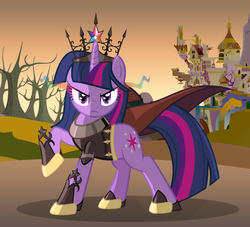 Size: 4176x3792 | Tagged: safe, artist:zelc-face, twilight sparkle, pony, unicorn, g4, canterlot, cape, clothes, crown, evil, jewelry, older, regalia, ruins, scowl, solo, tree, tyrant sparkle, unicorn twilight, waterfall