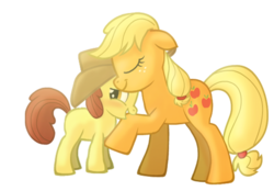 Size: 1024x713 | Tagged: safe, artist:frankilew, apple bloom, applejack, earth pony, pony, g4, applejack's hat, backwards cutie mark, cowboy hat, duo, hat, simple background, transparent background