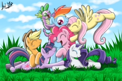 Size: 850x566 | Tagged: safe, artist:chocolatechilla, applejack, fluttershy, pinkie pie, rainbow dash, rarity, spike, twilight sparkle, g4, mane seven, mane six