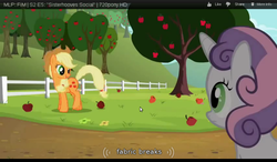 Size: 1024x600 | Tagged: safe, screencap, applejack, sweetie belle, g4, sisterhooves social, youtube caption