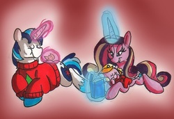 Size: 694x474 | Tagged: safe, artist:frankilew, princess cadance, shining armor, oc, oc:rose spondee, g4, bedtime story, clothes, cookie, family, female, foal, male, offspring, parent:princess cadance, parent:shining armor, parents:shiningcadance, ship:shiningcadance, shipping, straight, sweater