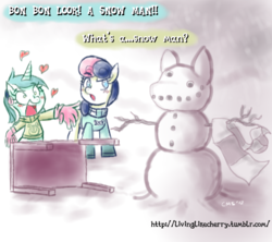 Size: 816x726 | Tagged: safe, artist:crabmeatstick, bon bon, lyra heartstrings, sweetie drops, g4, clothes, gloves, heart, humie, scarf, snow, snowman, sweater