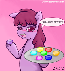 Size: 666x726 | Tagged: dead source, safe, artist:crabmeatstick, berry punch, berryshine, earth pony, pony, g4, alcohol, bipedal, female, jello, jelloshot, solo