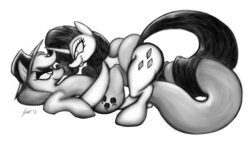 Size: 5461x3070 | Tagged: safe, artist:saliantsunbreeze, applejack, rarity, g4, female, lesbian, monochrome, ship:rarijack, shipping, tail wrap