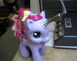 Size: 970x768 | Tagged: safe, starsong, pegasus, g3, g3.5, diy, irl, photo, soldering iron, soldering iron pony, starry eyes, technically an alicorn?, toy, toy abuse, wat, wingding eyes