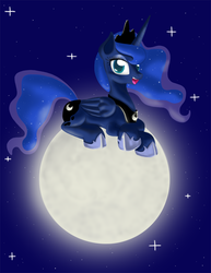 Size: 825x1068 | Tagged: safe, artist:sakaerion, princess luna, pony, g4, female, happy, moon, prone, smiling, solo, tangible heavenly object