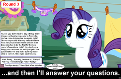 Size: 1024x672 | Tagged: safe, rarity, pony, comic:celestia's servant interview, g4, caption, interview, meta, solo