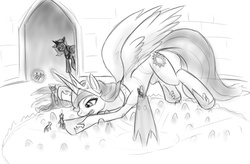 Size: 946x620 | Tagged: safe, artist:alloyrabbit, princess celestia, princess luna, g4, the crystal empire, monochrome, sillestia