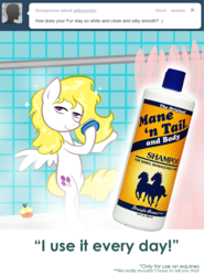Size: 900x1217 | Tagged: safe, artist:willdrawforfood1, surprise, pegasus, pony, ask surprise, g1, g4, ask, g1 to g4, generation leap, mane 'n tail, product placement, shampoo, shower, tumblr