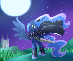Size: 1800x1500 | Tagged: safe, artist:madmax, princess luna, pony, g4, boots, cloak, clothes, female, moon, night, shoes, solo, sword, weapon
