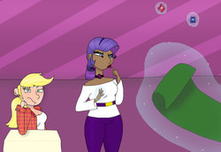 Size: 1024x703 | Tagged: safe, artist:numbuh0051, applejack, rarity, human, g4, dark skin, humanized