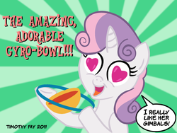 Size: 800x600 | Tagged: safe, artist:tim-kangaroo, sweetie belle, pony, g4, bipedal, female, gyro bowl, heart, heart eyes, solo, text, wingding eyes