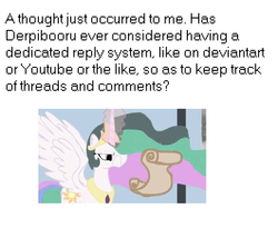 Size: 530x453 | Tagged: safe, princess celestia, alicorn, pony, derpibooru, g4, female, magic, magic aura, mare, solo, text, thread, unamused