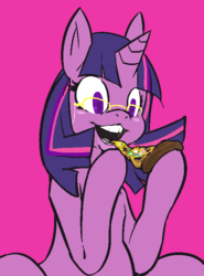 Size: 509x687 | Tagged: safe, artist:mangneto, twilight sparkle, g4, cheeks, eating, floppy ears, food, glasses, lips, pixel-crisp art, pizza, teeth