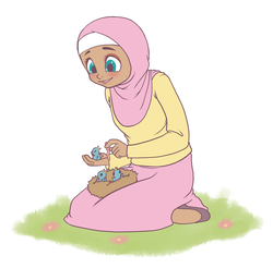 Size: 1128x1109 | Tagged: safe, artist:jun-k-tastic, fluttershy, bird, human, g4, clothes, dark skin, hijab, humanized, islam, islamashy, skirt